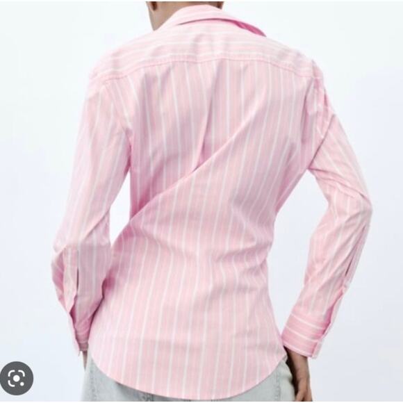 Zara Pink White Striped Collared Slim Fit Poplin Button Down Womens Shirt Size M - Picture 2 of 10